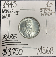 1943 MS68 RARE WWII Steel Wheat Penny