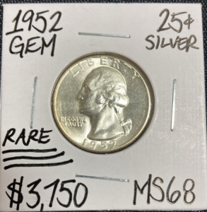 1952 MS68 RARE Gem Silver Washington Quarter