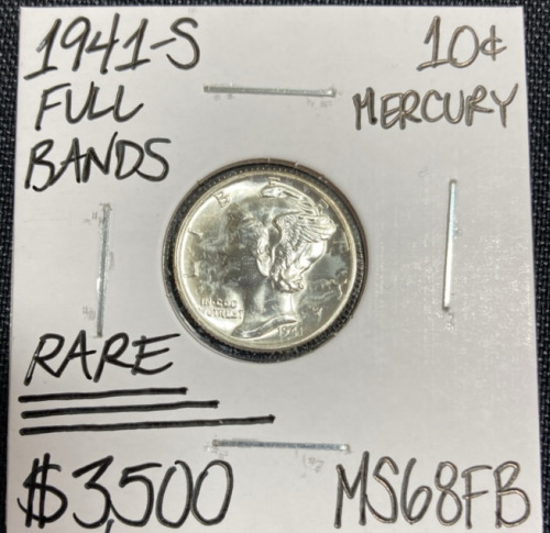 1941-S MS68FB RARE Full Bands Mercury Dime