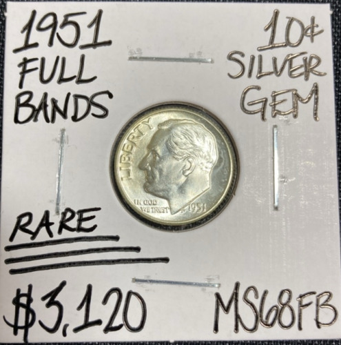 1951 MS68FB RARE Full Bands Roosevelt Dime