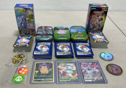 Large Collection of American & Japanese Pokémon Cards W/ 3 Carded Holo Beauties, Game Pieces & Collectible Containers