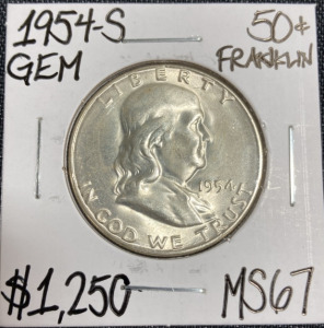 1954-S MS67 Gem Franklin Silver Half Dollar