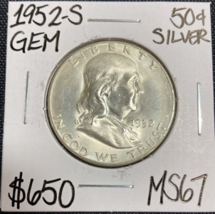 1952-S MS67 Gem Franklin Silver Half Dollar