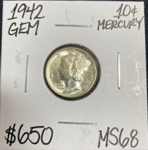 1942 MS68 Gem Silver Mercury Dime