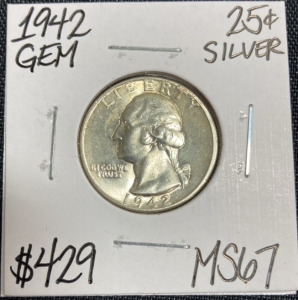 1942 MS67 Gem Silver Washington Quarter