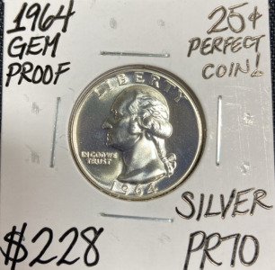 1964 PR70 Gem Proof Silver Quarter - Perfect Coin!