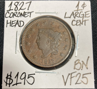 1827 VF25BN Coronet Head Large Copper Cent