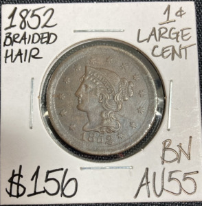 1852 AU55BN Braided Hair Large Copper Cent