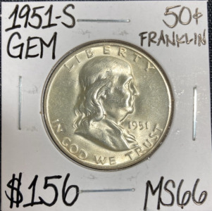 1951-S MS66 Gem Franklin Silver Half Dollar