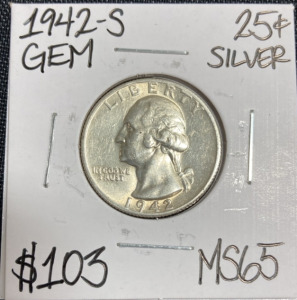 1942-S MS65 Gem Silver Washington Quarter