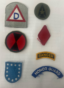 (1) Vintage US Army 39th Infantry Division Patch (1) Vintage Combat Development Patch (1) Vintage US Army 7th Infantry Division Patch (1) Vintage US Army 5th Infantry Division Red Diamond Patch (1) Vintage US Army Beret Patch (1) Ranger Patch (1) Honor Gu