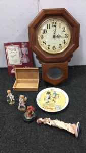 (3) Ceramic Figurines, Clock, Plate