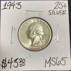 1943 MS65 Gem Silver Washington Quarter