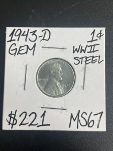 1943-D MS67 World War 11 Steel Gem Penny