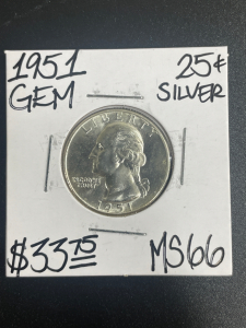 1951- MS66 Silver Gem Washington Quarter