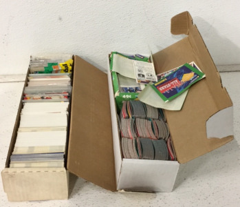 (1) Box Of Approximately (500+) NBA, NFL, And MLB Cards Including Players Such As Don Mattingly, Tony Zendejas, Jeff Gossett, Kevin Gamble, Ed West And More, (1) Box Of Approximately (400) Mini Super Bowl Trivia Cards And Baseball Mini Cards