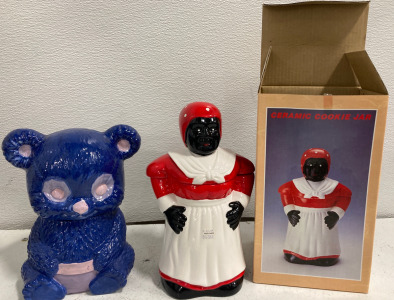 Ceramic Cookie Jar Blue Bear & Ceramic Cookie Jar Lady In Red Gown