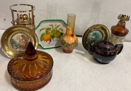 (2) Oil Lamp w/Wick, (3) Plates, & Glass Art Decor