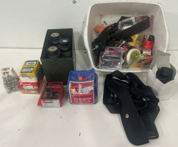 (1) Ammo Box W/(3) Bottles Of Black Powder (6) Boxes Of 54 Caliber Rounds (1) Little Tube Of Gun Supplies (1) Shoulder Holster