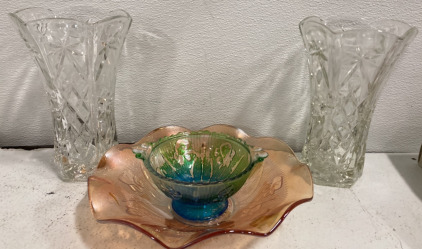 (2) Glass Vase, Glass Art Center Peice, & Teal Glass Bowl Decor