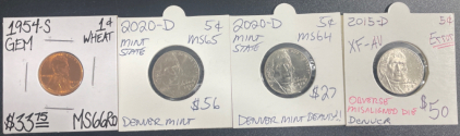 1954-S Grm Wheat Penny (2) 2020-D Mint Nickel 2015-D Nickel