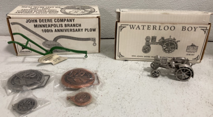 Waterloo Boy 1990 John Deere Expo Commemorative & John Deer Company Minneapolis Branch 100th Anniversary Plow w/ 100 Anniversary Belt Buckles and Keychain Coins