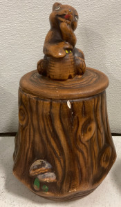 Ceramic Wood Log Cookie Jar w/ Bear on Lid