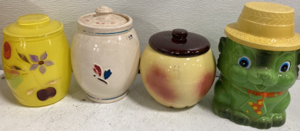 (4) Ceramic Cookie Jars w/ Lids Including Green Dog w/ Hat