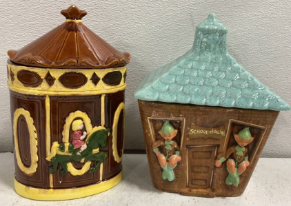 Elve School House Ceramic Cookie Jar & Merry Go Round Ceramic Jar