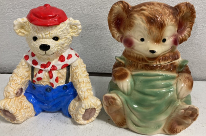 White Ceramic Bear w/Scarf Cookie Jar & Brown Bear w/Blanket Cookie Jar