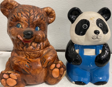 Panda w/ Overalls Ceramic Cookie Jar & Brown Bear Ceramic Cookie Jar