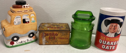 Quaker Oats Cookie Jar, Pedro Tin Box Smoking Tobacco, Cookie Bus Cookie Jar & Green Glass Cookie Jar