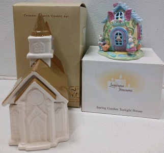 (1) 13" Ceramic Church Cookie Jar (1) 8" Luminous Treasures Spring Garden Tealight House