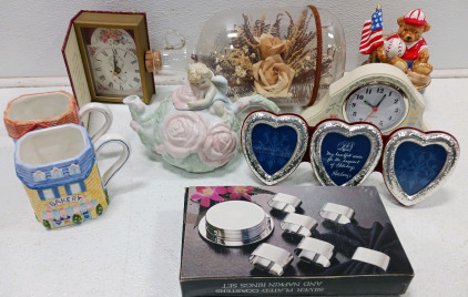 Amazing Collectible Gift Items! Including Silver Plated Coaster & Napkin Ring Set, (2) Mugs (1) Teapot (1) Bear Coin Bank & More