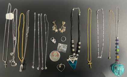 Assorted Jewlery (13) Chains (3) earrings (1) heart Pendant (1) Dragon Coin (1) Size 8 Ring