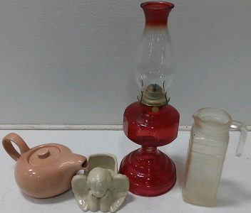 (1) Red Oil Lamp (1) Glass Tea Kettle (1) Angel Candy Dishe (1) Tea Pitcher