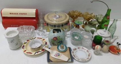 (1) Paper Towel / Wax Paper Holder (6) Glass Candy Dishes (8) Glass Cups & More