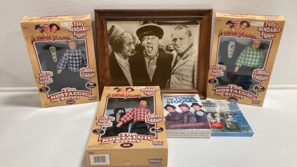 Three Stooges Collectible Items: Framed Print, (3) Bendable Figures, (2) DVD Sets