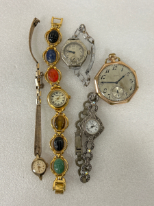 (5) VINTAGE WATCHES: ELGIN POCKET WATCH, ELGIN WRIST WATCH, LADY ELGIN, LAFAYETTE AND MORE