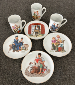 VINTAGE NORMAN ROCKWELL 1980'S COLLECTIBLE PLATES AND CUPS