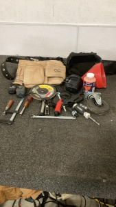 VARIOUS TOOLS AND HARDWARE W/WORK BELT, AIRSOFT AMMO, RADIOS, AND MORE. W/TOTE