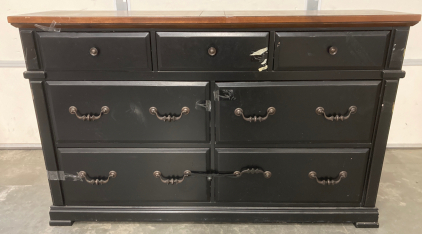 7 DRAWER VINTAGE STYLE DRESSER, TWO TONE COLORING, 64”X18”X39”