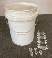 5 GALLON BUCKET HALF FULL OF NAILS, WOOD MOUNTING BRACKETS