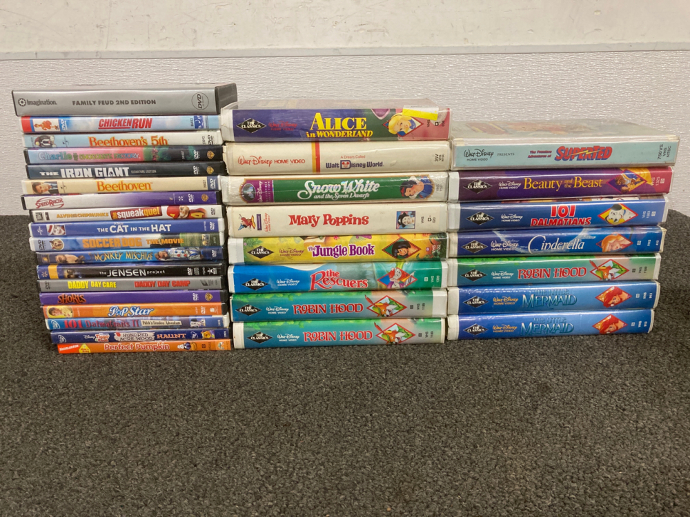 DVD AND VHS MOVIES, INCLUDING CLASSIC DISNEY VHS, VHS PLAYER