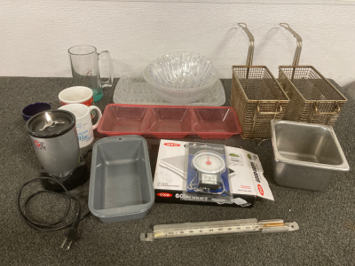 PLASTIC SERVING DISHES, (2) DEEP FRYER BASKETS, FOOD SCALE, (3) COFFEE CUPS