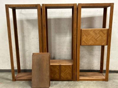 3 SHELF UNITS, 1 WITH BOTTOM CABINET AND 1 WITH MIDDLE CABINET
