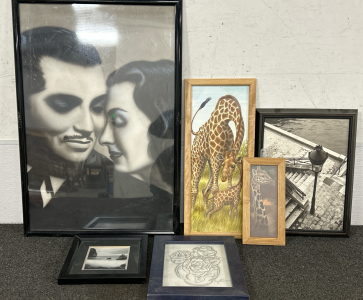 FRAMED PORTRAIT PRINT OF GOMEZ & MORTICIA ADAMS, PENCIL SKETCH OF ROSES IN VASE, BLACK & WHITE PRINTD AND GIRAFFES