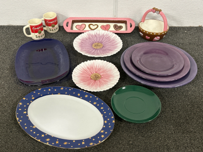 VINTAGE CAMPBELL’S SOUP MUGS, VALENTINE’S AND FLORAL PLATE DECOR PLUS SERVING PLATTERS AND PLATES