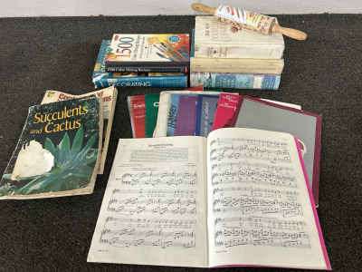 OLD COOKBOOKS WITH CLASSIC RECIPES, DECORATING AND PAINTING BOOKS, GARDENING, VARIOUS SHEET MUSIC AND SMALL ROLLING BIN WITH CHRISTMAS DESIGNS