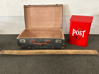 VINTAGE J.H. FABRIKERNA SWEDISH RED METAL WALL MOUNT POST MAILBOX, VINTAGE WOOD SUITCASE AND LONG-NARROW WOODEN TRAY